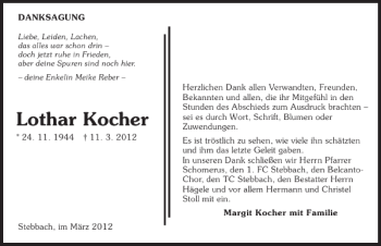 Traueranzeige von Lothar Kocher 