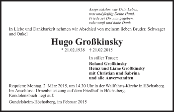 Traueranzeige von Hugo Großkinsky 