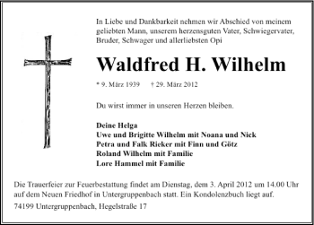 Traueranzeige von Waldfred H. Wilhelm 