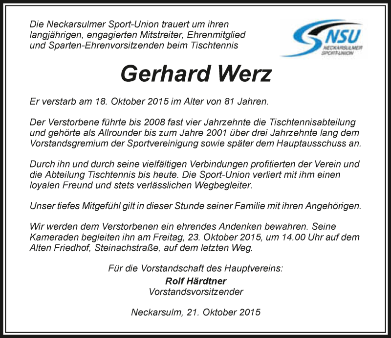  Traueranzeige für Gerhard Werz vom 21.10.2015 aus 