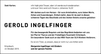 Traueranzeige von Gerold Ingelfinger 