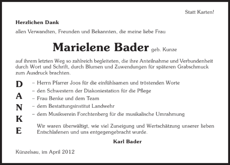  Traueranzeige für Marielene Bader vom 02.04.2012 aus 