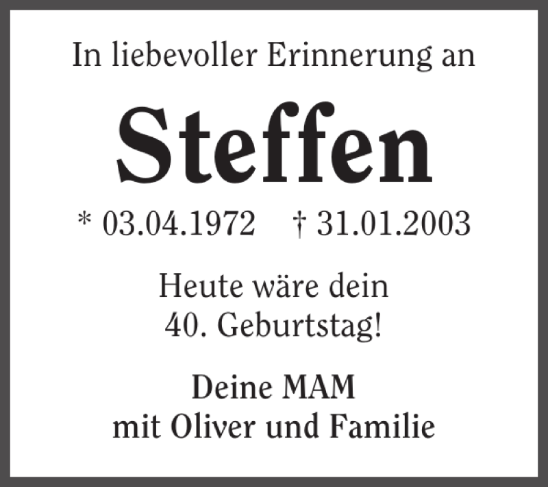  Traueranzeige für Steffen Steffen vom 03.04.2012 aus 