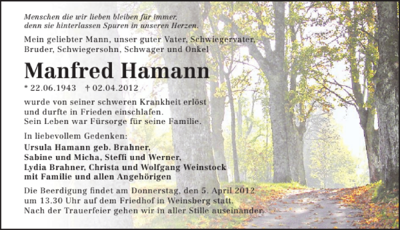  Traueranzeige für Manfred Hamann vom 03.04.2012 aus 