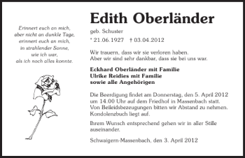 Traueranzeige von Edith Oberländer 