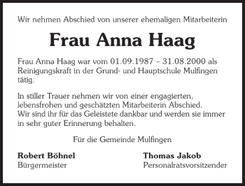 Traueranzeige von Frau Anna Haag 