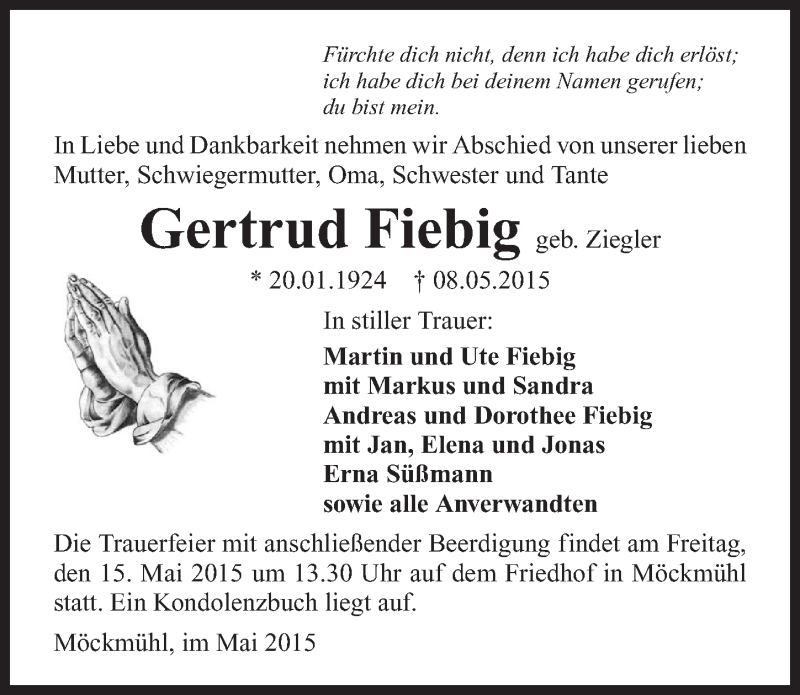  Traueranzeige für Gertrud Fiebig vom 12.05.2015 aus 