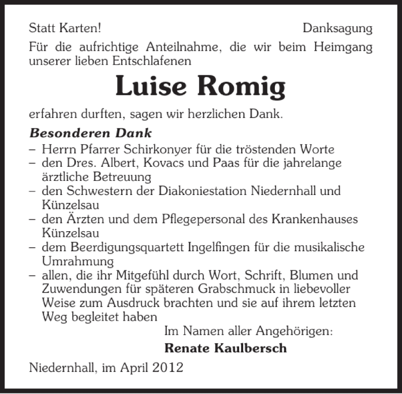  Traueranzeige für Luise Romig vom 12.04.2012 aus 