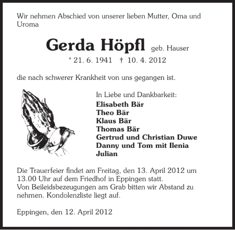  Traueranzeige für Gerda Höpfl vom 12.04.2012 aus 