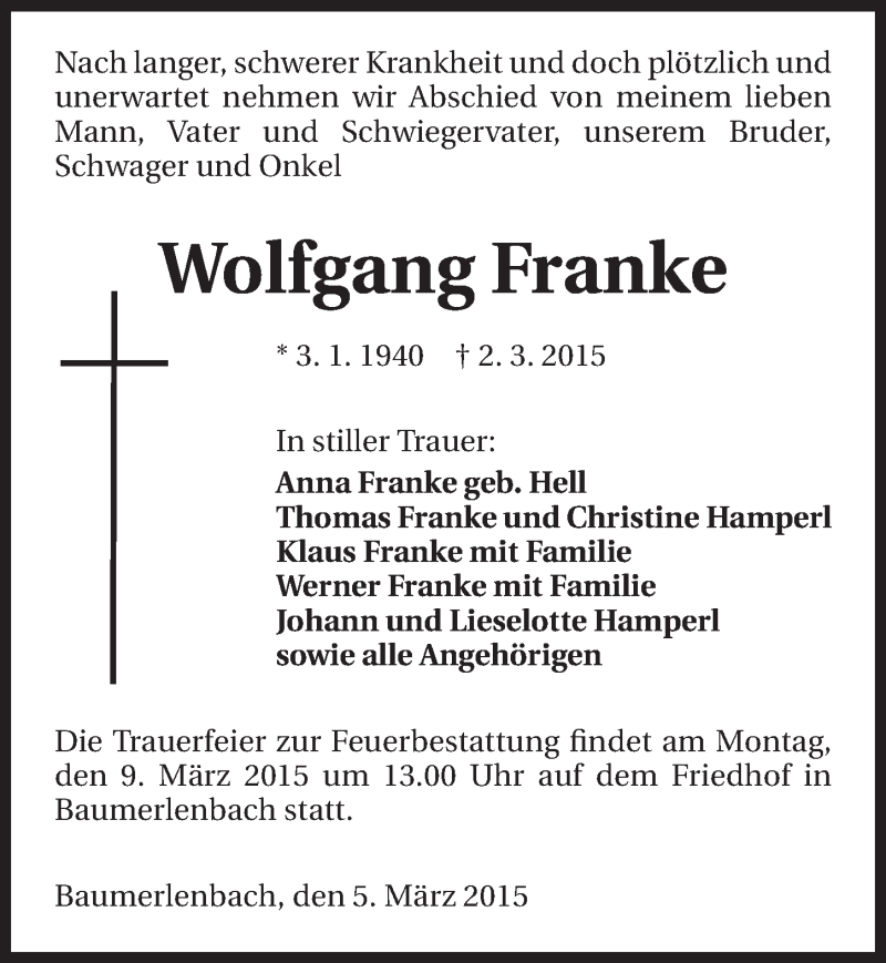  Traueranzeige für Wolfgang Franke vom 05.03.2015 aus 