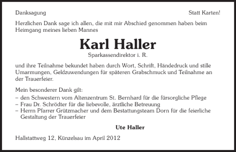  Traueranzeige für Karl Haller vom 13.04.2012 aus 