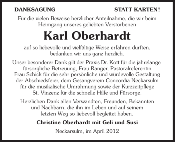 Traueranzeige von Karl Oberhardt 