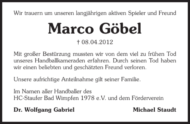  Traueranzeige für Marco (Handballer) Göbel vom 13.04.2012 aus 
