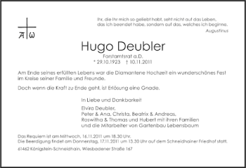 Traueranzeige von Hugo Deubler 