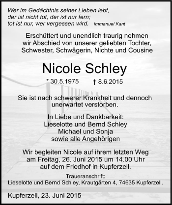 Traueranzeige von Nicole Schley 