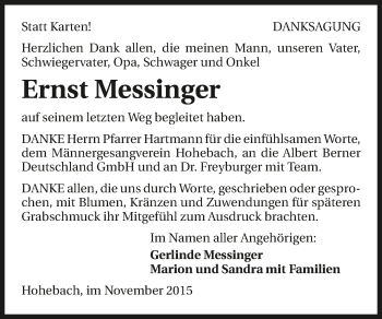 Traueranzeige von Ernst Messinger 