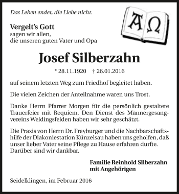Traueranzeige von Josef Silberzahn 
