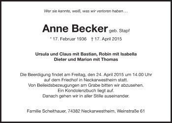Traueranzeige von Anne Becker 