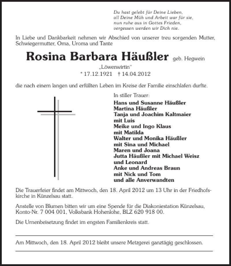  Traueranzeige für Rosina Barbara Häußler vom 16.04.2012 aus 