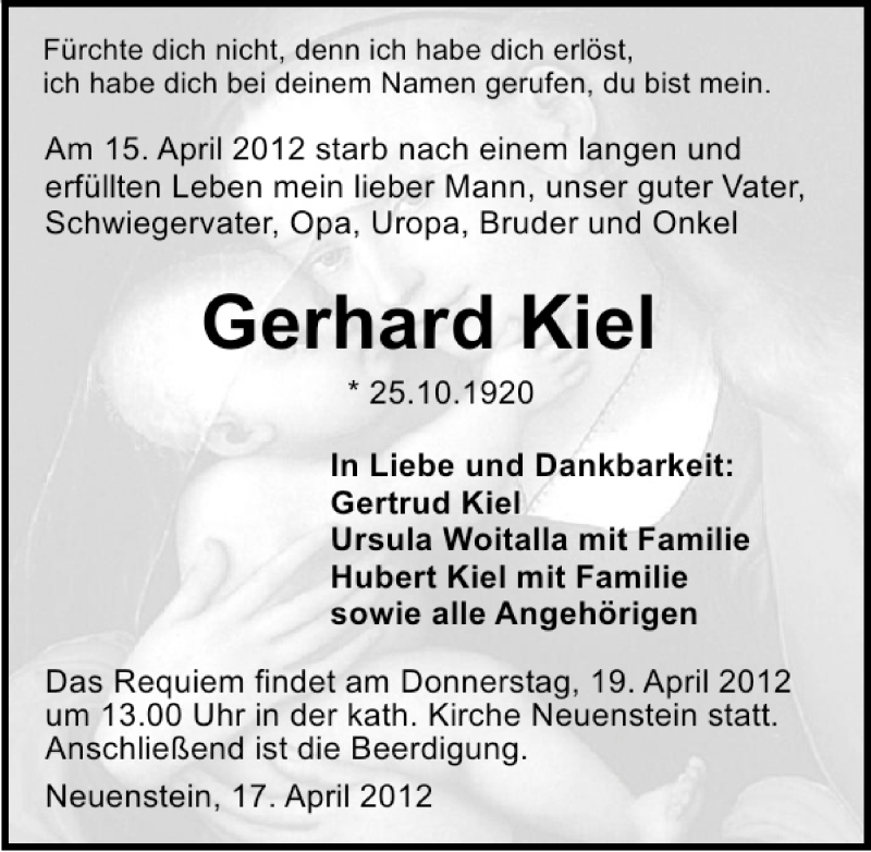 Traueranzeige für Gerhard Kiel vom 17.04.2012 aus 