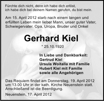 Traueranzeige von Gerhard Kiel 