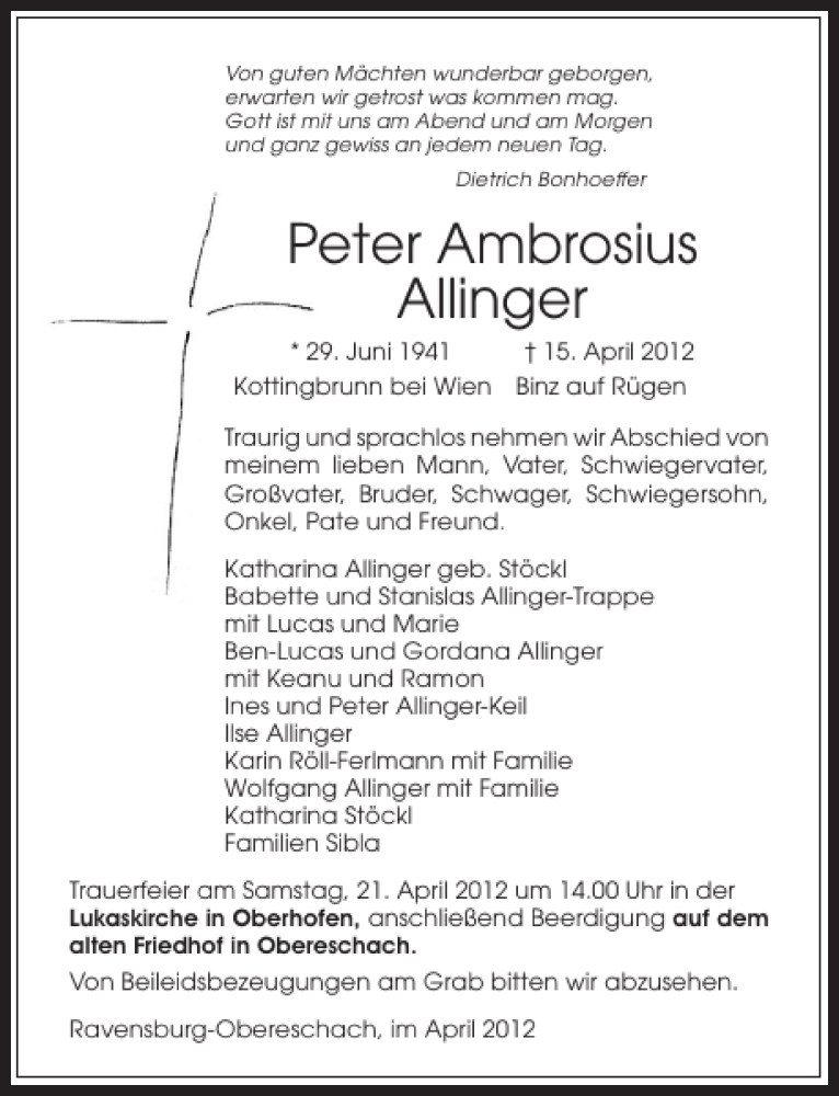  Traueranzeige für Peter Ambrosius Allinger vom 18.04.2012 aus 