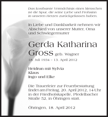Traueranzeige von Gerda Katharina Gross 