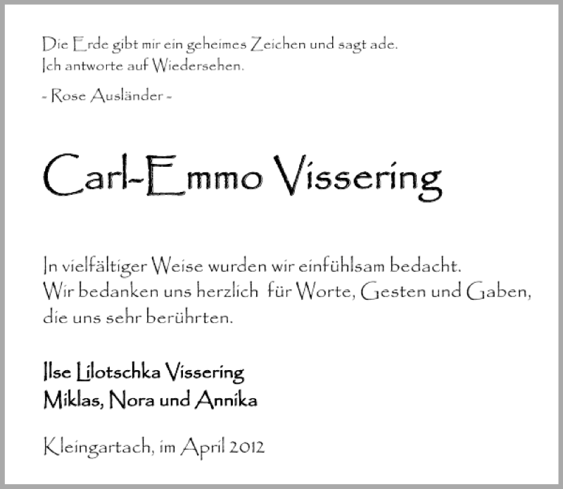  Traueranzeige für Vissering Carl-Emmo vom 19.04.2012 aus 