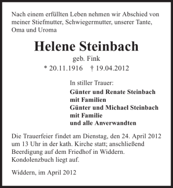 Traueranzeige von Helene Steinbach 