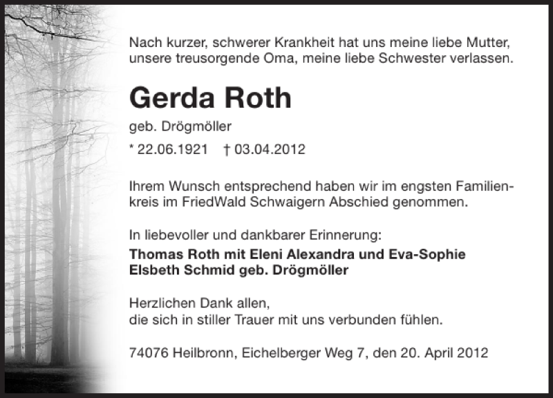  Traueranzeige für Gerda Roth vom 21.04.2012 aus 