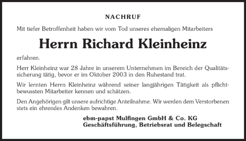  Traueranzeige für Richard Kleinheinz vom 23.04.2012 aus 