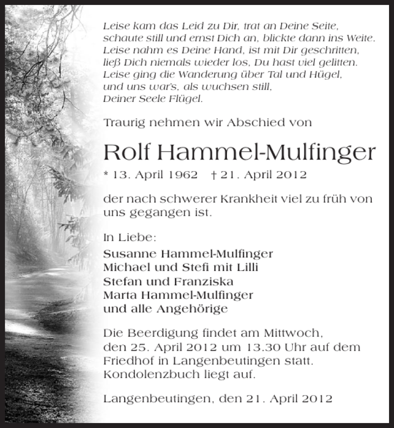  Traueranzeige für Rolf Hammel-Mulfinger vom 24.04.2012 aus 
