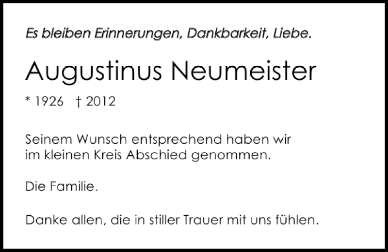  Traueranzeige für Augustinus Neumeister vom 26.04.2012 aus 