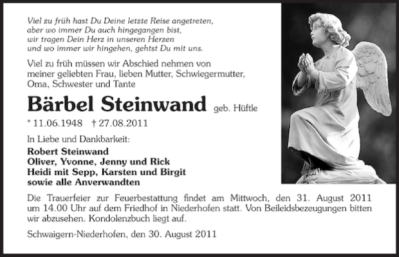  Traueranzeige für Bärbel Steinwand vom 30.08.2011 aus 