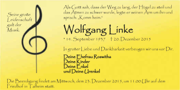 Traueranzeige von Wolfgang Linke 