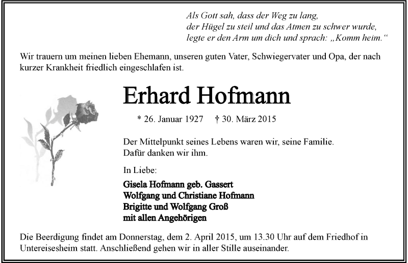  Traueranzeige für Erhard Hofmann vom 01.04.2015 aus 