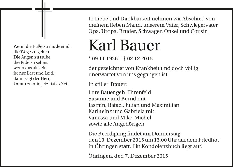  Traueranzeige für Karl Bauer vom 07.12.2015 aus 
