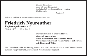 Traueranzeige von Friedrich Neureuther 