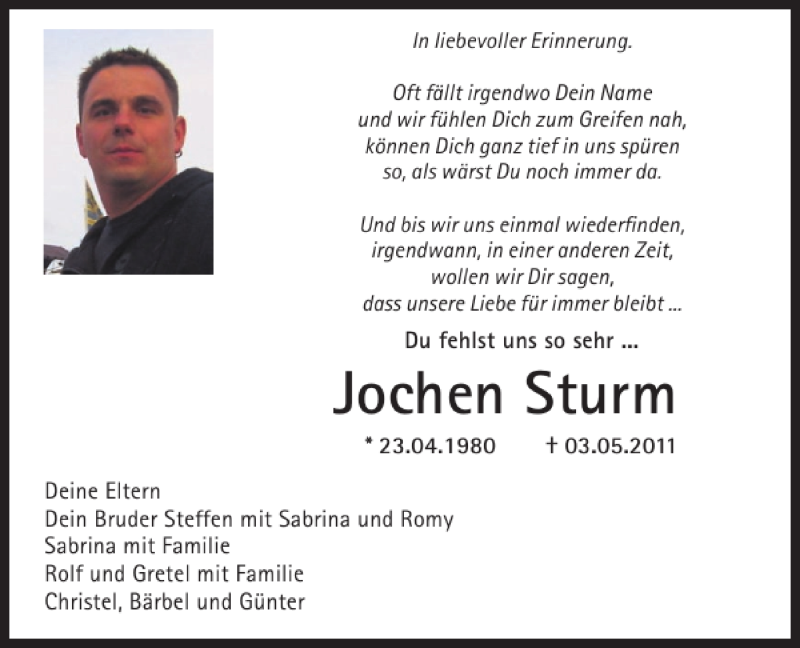  Traueranzeige für Jochen Sturm vom 03.05.2012 aus 