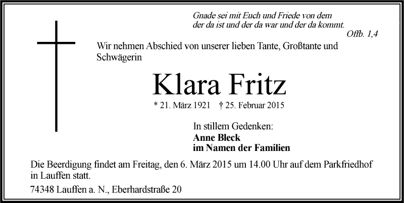  Traueranzeige für Klara Fritz vom 02.03.2015 aus 