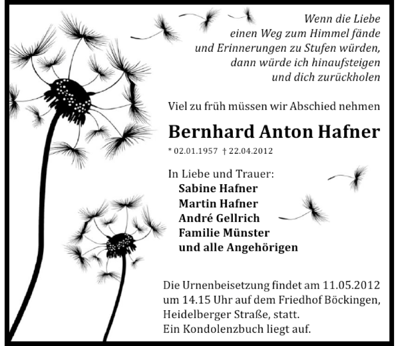  Traueranzeige für Bernhard Anton Hafner vom 05.05.2012 aus 