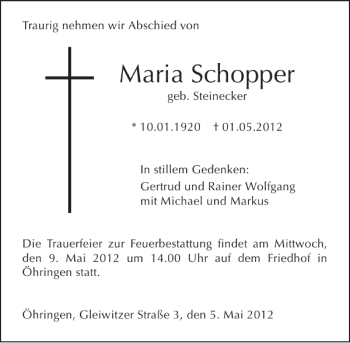 Traueranzeige von Maria geb. Steinecker SChopper 
