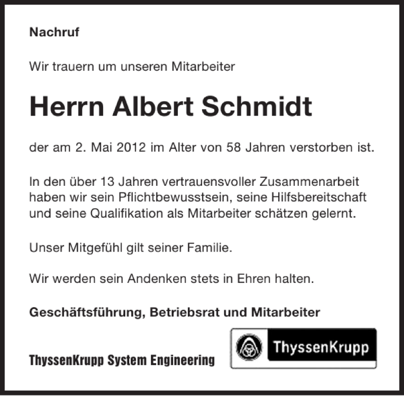 Traueranzeigen von Albert Schmidt www.trauerundgedenken.de