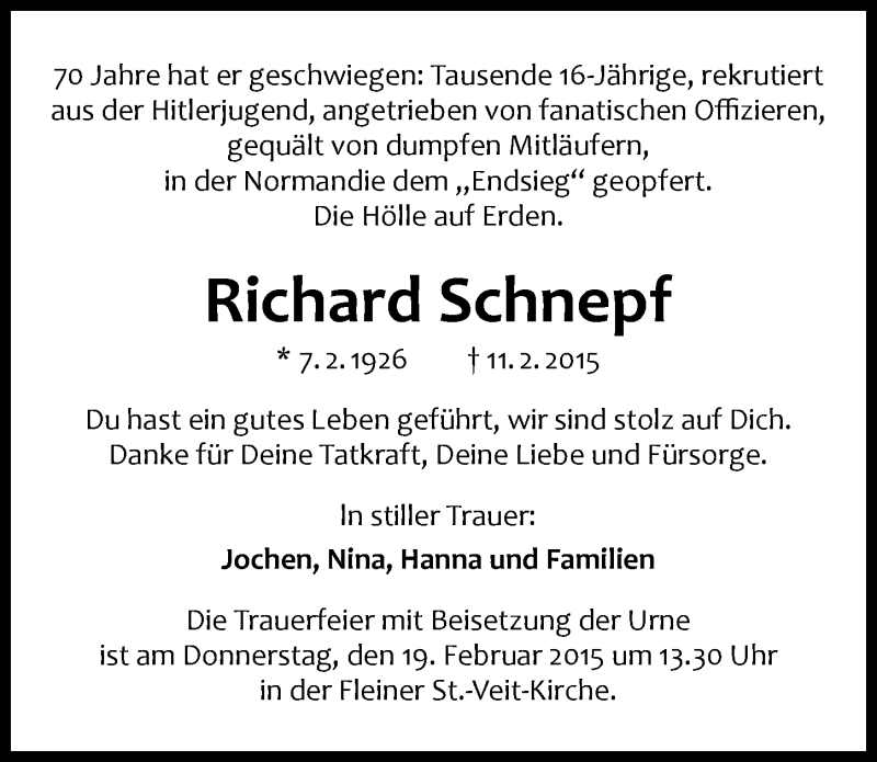  Traueranzeige für Richard Schnepf vom 14.02.2015 aus 