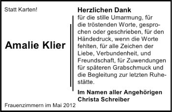 Traueranzeige von Amalie Klier 