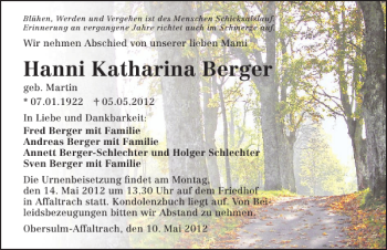 Traueranzeige von Hanni Berger 