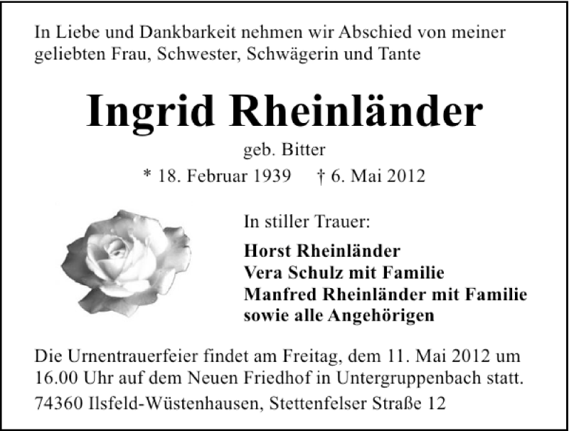  Traueranzeige für Ingrid Rheinländer vom 10.05.2012 aus 