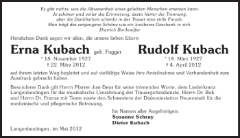 Traueranzeige von Kubach Kubach Erna 