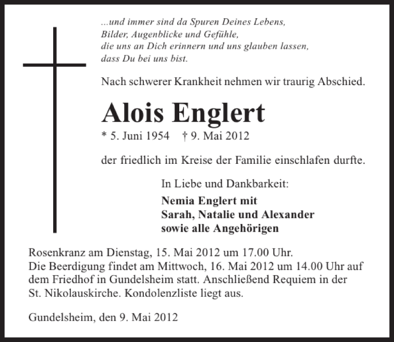  Traueranzeige für Alois Englert vom 14.05.2012 aus 