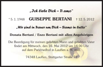 Traueranzeige von Ti amo GUISEPPE BERTANI 